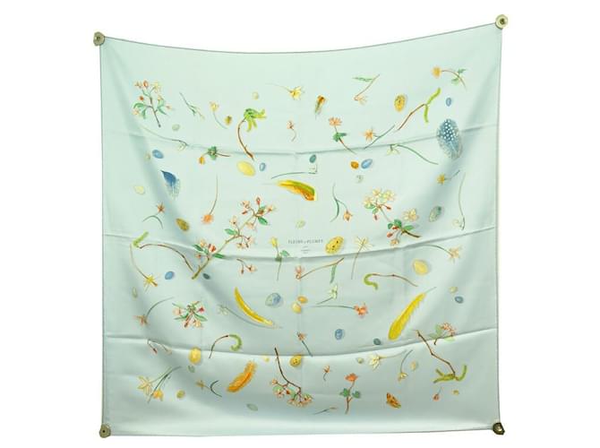 Hermès NEW HERMES FOULARD FLOWERS AND FEATHERS 90 CM P COOKE LEIGH IN BLUE SILK SCARF  ref.657905
