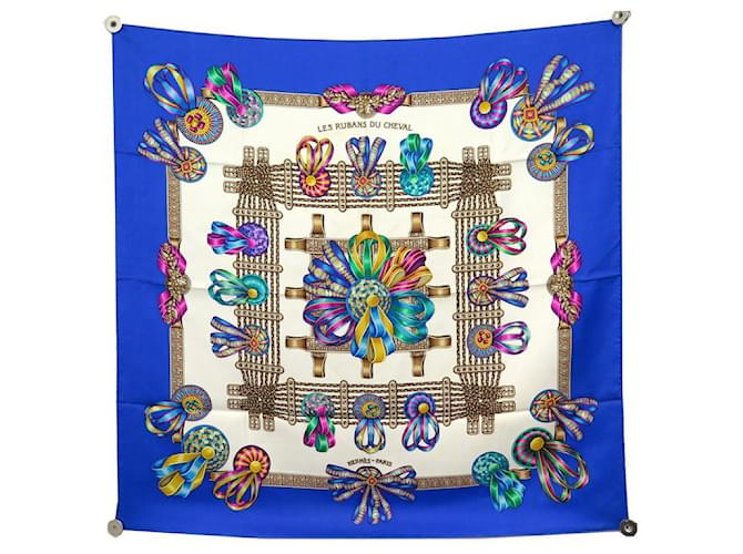 Hermès HERMES SCARF THE RIBBONS OF THE HORSE METZ CARRE 90 SILK BLUE SILK SCARF  ref.657919