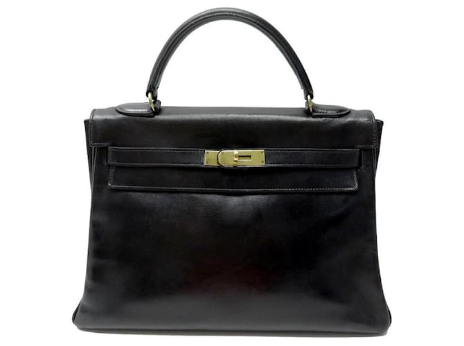 Hermès VINTAGE SAC A MAIN HERMES KELLY 32 EN CUIR BOX NOIR 1970 BLACK LEATHER HAND BAG  ref.658012