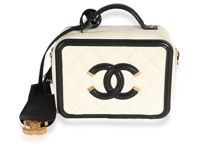 Vanity Estojo de penteadeira pequeno em filigrana de caviar branco acolchoado Chanel