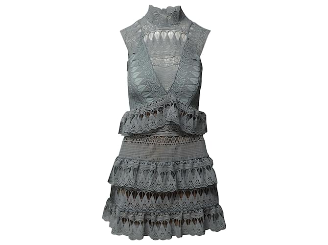 Self Portrait Tiered Guipure Lace Mini Dress in Sage Green Polyester  ref.659213