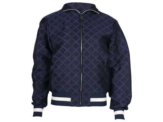 Timeless Chanel Quilted Bomber Jacket in Navy Blue Polyester