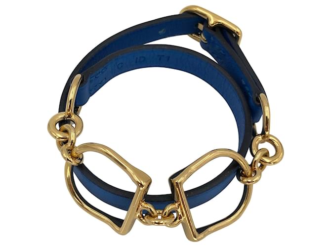 Hermès Etrier Double Tour bracelet in electric blue leather with gold  ref.659275