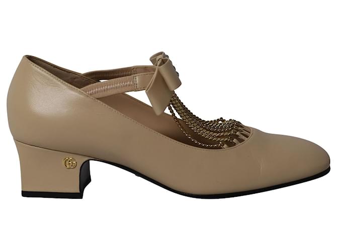 Zapatos de Salón en Cuero Color Crema con Adornos de Cadena y Cristales Bonny de Gucci Blanco Crudo  ref.659287