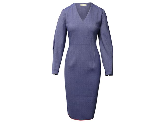 Victoria Beckham Longsleeve V-Neck Sheath Midi Dress in Blue Cotton  ref.659288