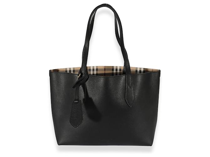 Burberry Black Leather & Haymarket Canvas Small Reversible Tote   ref.659343