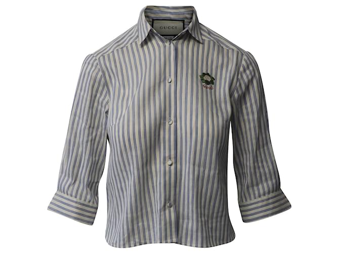 Gucci Striped Shirt with Cauliflower Embroidery in Light Blue Linen  ref.659351