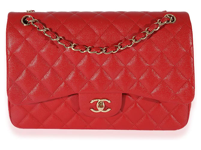 Timeless Chanel Red Quilted Caviar Jumbo Classic gefütterte Überschlagtasche Rot Leder  ref.659417