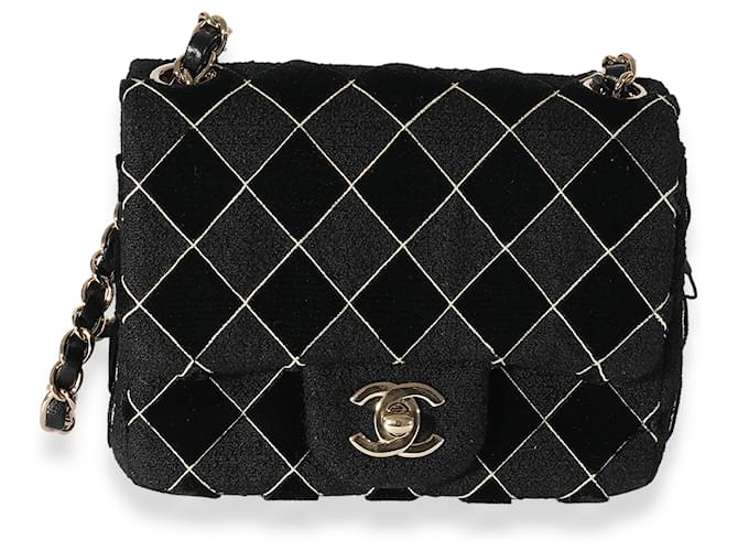 Timeless Chanel Black Velvet Tweed Diamond Stitch Square Mini