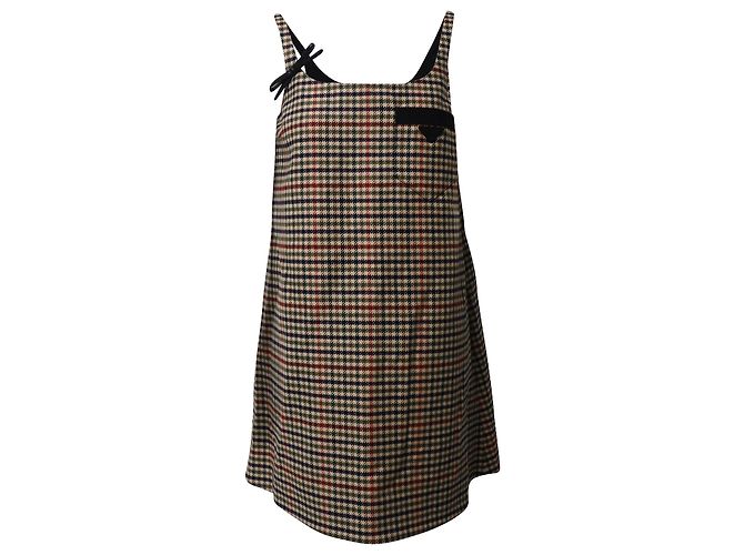 Bow Prada Houndstooth Pattern Shift Dress in Brown Wool