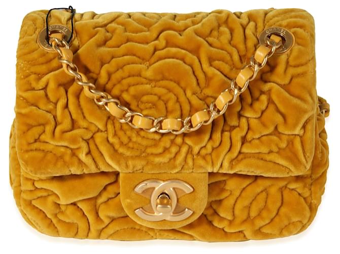 CHANEL YELLOW QUILTED VELVET CLASSIC FLAP CROSSBODY BAG