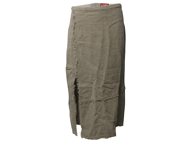 Staud Frayed Midi Skirt in Green Linen   ref.659504