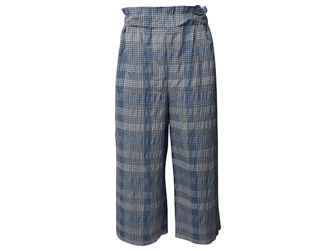 Ganni Seersucker Checked Wide-leg Cropped Pants in Blue Organic Cotton   ref.659523