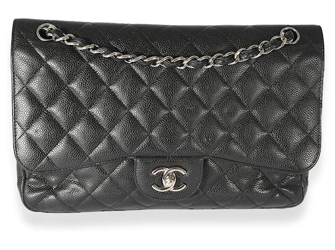 Chanel Black Caviar Leather Jumbo gefütterte Flap Bag Schwarz Leder  ref.659551