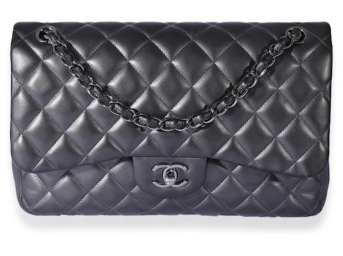 Timeless Chanel Metallic Gunmetal Quilted Lambskin Jumbo Double Flap Bag  Black Leather  ref.659565