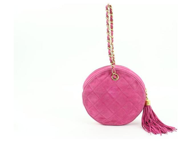 Chanel Hot Pink Quilted Suede Fringe Tassel Round Clutch on Chain Leather  ref.660016