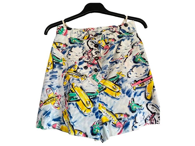 Pantalones Cortos Chanel con Estampado Airplane CC de Algodón Multicolor