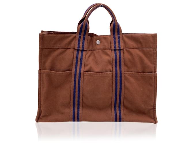 Hermès Hermes Paris Vintage Brown Cotton cabas MM Tote Bag Coton Marron  ref.660798