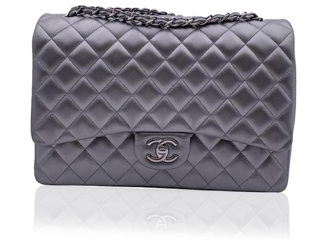 Chanel Grey Metallic Quilted Leather Maxi Timeless Classic Flap Bag  ref.660848