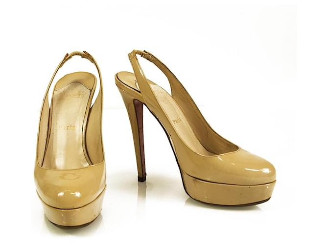 Christian Louboutin Bianca Beige Patent Leather Slingback Platform Heels 37.5  ref.661679