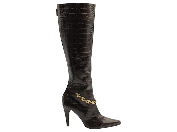 Céline Brown Croc Embossed Leather Boots with Gold Chain  ref.662144