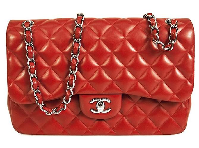 CHANEL Red lambskin Leather Classic lined Flap Jumbo Bag Silver hardware  ref.662345