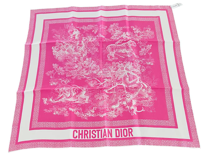 Neon pink DIOR Toile de Jouy Reverse scarf White Fuschia Silk  ref.662662