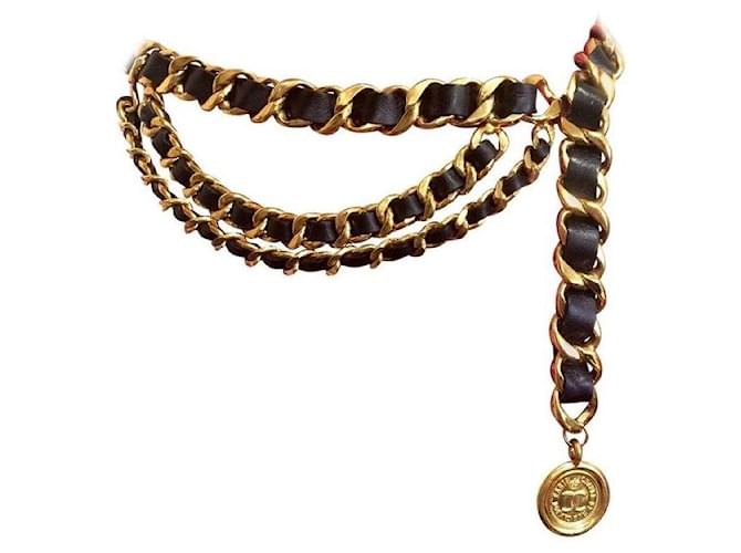 Chanel vintage 98NO, 1998 Cinto de várias correntes de couro banhado a ouro com cabeça de coco/medalhão CC Preto Cadeia  ref.662769
