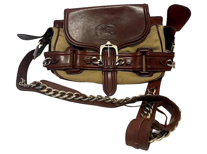 Vintage Burberry crossbody bag from leather and canvas Brown Khaki Chestnut Cloth  ref.662778
