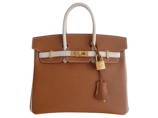 Sac Hermès Birkin 25 Cuir Blanc cassé Caramel Bijouterie dorée  ref.663096