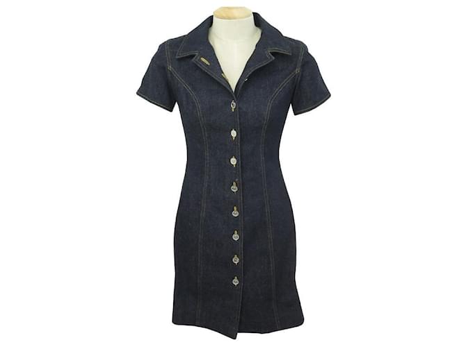 NEW CHANEL BLUE DENIM DRESS WITH SILVER BUTTONS S 36 NAVY BLUE COTTON DRESS  ref.663486