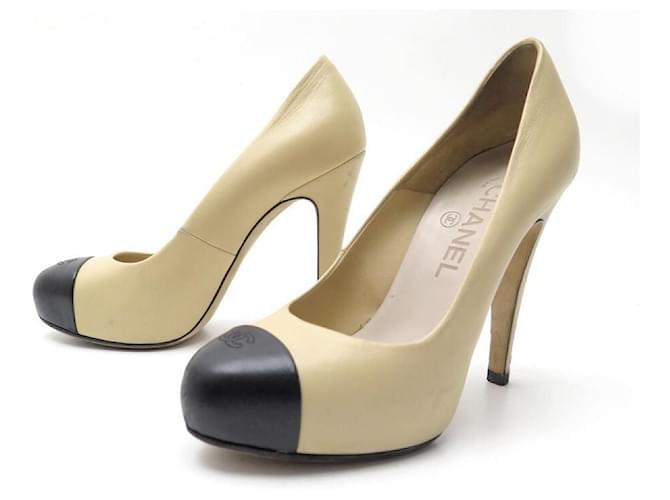 CHANEL G SCHUHE28289 Pumps 36 BEIGE SCHWARZE LEDERSCHUHE ZWEIFARBIG  ref.663622