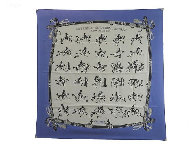 Hermès RARO SCIARPA VINTAGE HERMES LETTERA DA NAPOLEONE A MURAT 1950 SCIARPA GRYGKAR Blu