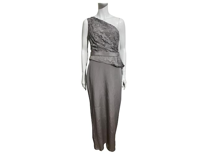 One shouldered pear grey silk and lace Marchesa Notte maxi dress  ref.663651