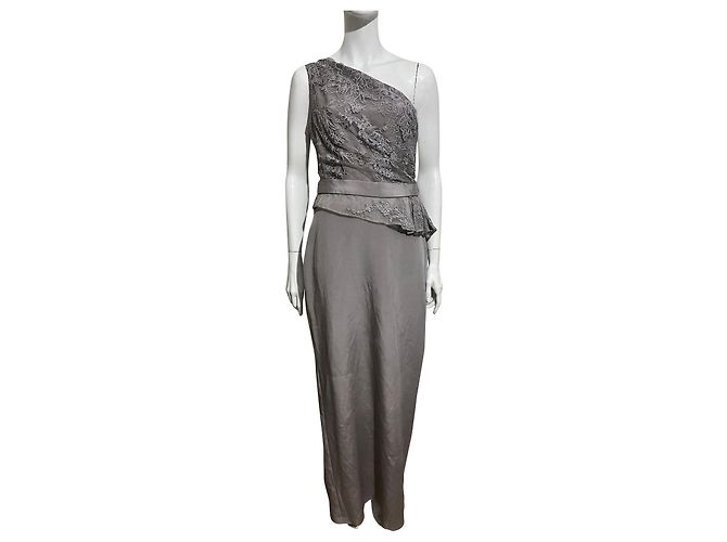 Vestido maxi de seda e renda cinza pêra com um ombro só Marchesa Notte