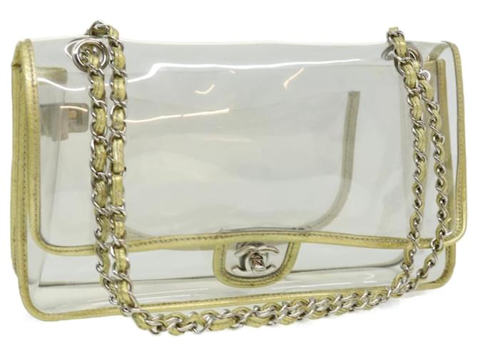 CHANEL Turn Lock Chain Shoulder Bag Vinyl Leather Clear Gold CC Auth 31781 Golden  ref.664317