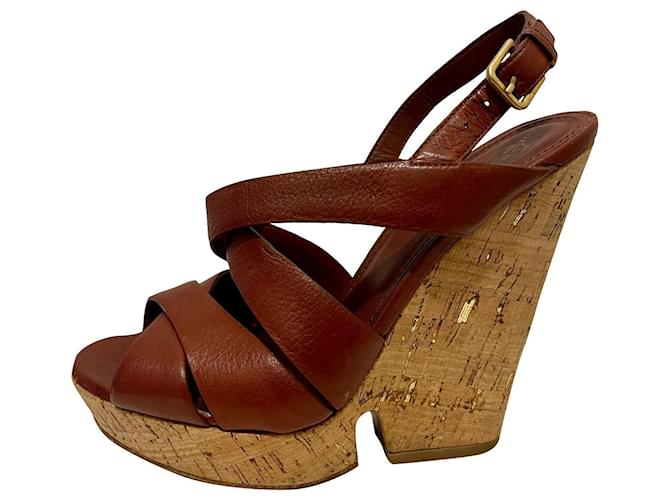 Yves Saint Laurent Vintage YSL wedge sandals from the Tribute series Brown Chestnut Leather  ref.664550