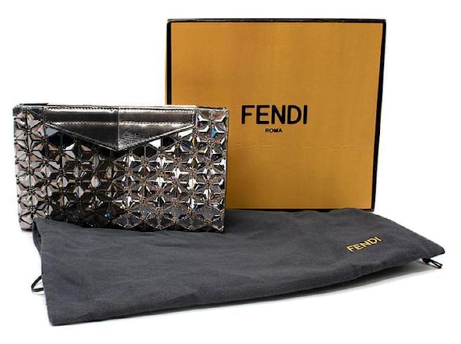 Fendi Mirrored Metallic Leather Clutch Bag Silvery  ref.664699