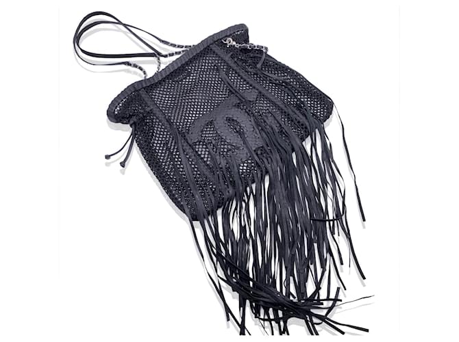 Chanel Limited Edition Resort 2011 Black Leather Fringe Mesh Tote