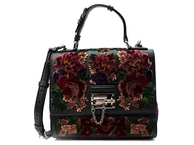Bolsa de couro preta de veludo floral Dolce & Gabbana Monica Multicor  ref.664810