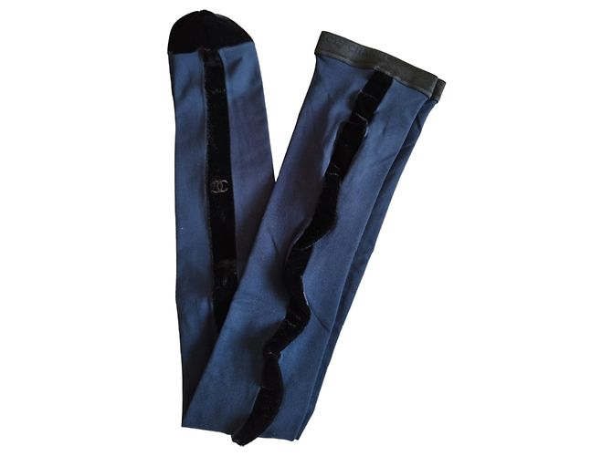 Collant Chanel in velluto blu con banda nera logo CC
