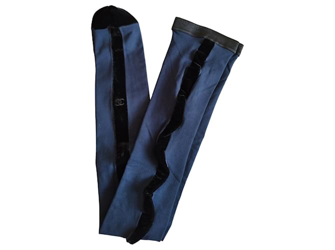 Collants de veludo azul Chanel com logo de banda preta CC Poliamida  ref.665468