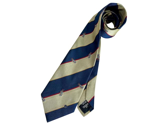Alfred Dunhill Dunhill woven silk tie club stripes golf pattern Khaki Navy blue  ref.665509