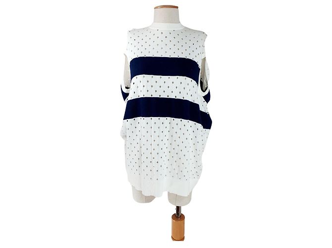 Rodier Oversize Strickjacke Weiß Navy Blau Baumwolle Kaschmir Marineblau