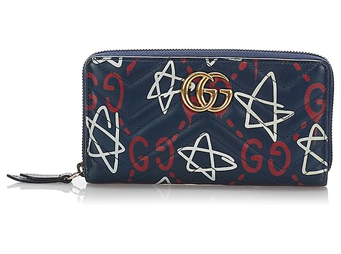Gucci Blue GG Marmont Ghost Leather Zip Around Wallet Multiple colors Navy blue Pony-style calfskin  ref.666266