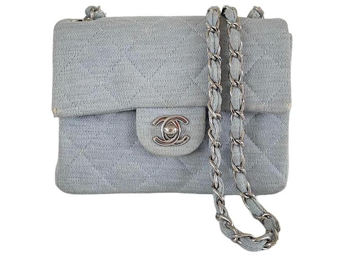 Classique Sac à bandoulière Chanel carré mini coton bleu matériel argenté Bleu clair  ref.666287