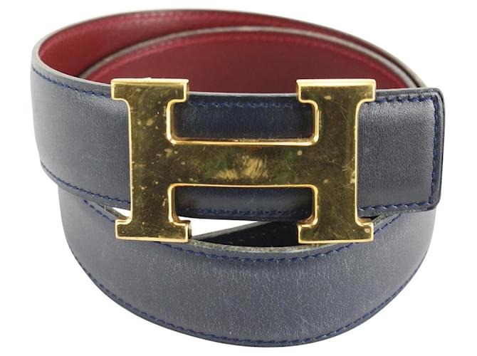Hermès Azul marino x Borgoña x Oro 32mm Kit de cinturón reversible con logotipo H Oro blanco  ref.666913