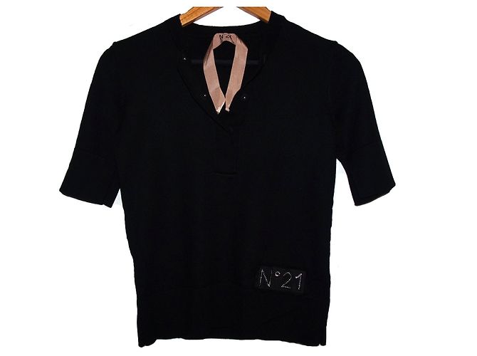Autre Marque N21 KURZÄRMLIGER PULLOVER MIT V-AUSSCHNITT MIT LOGO-PATCH Schwarz 
