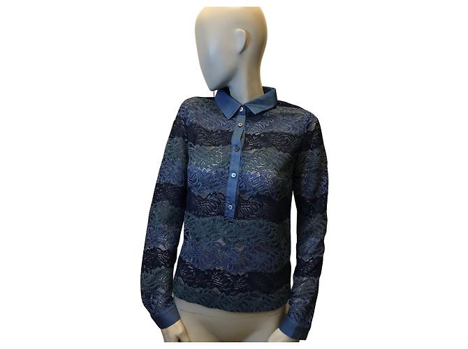 Autre Marque Blaue Spitzenbluse mit langen Ärmeln