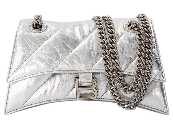 Balenciaga Bolsa Crush com corrente em couro metalizado prata Metálico Bezerro-como bezerro  ref.667527